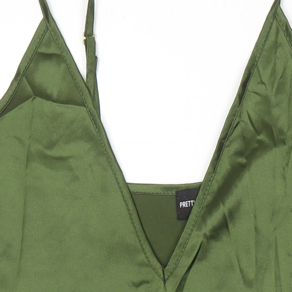 PRETTYLITTLETHING Womens Green Polyester Slip Dress Size 4 V-Neck
