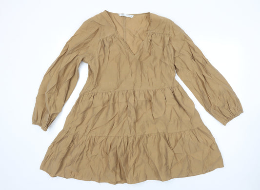 Zara Womens Brown Lyocell A-Line Size S V-Neck