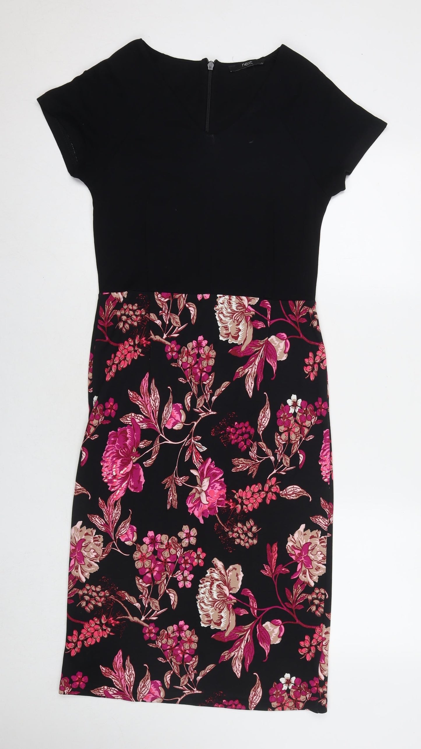 NEXT Womens Black Floral Viscose A-Line Size 12 V-Neck Zip