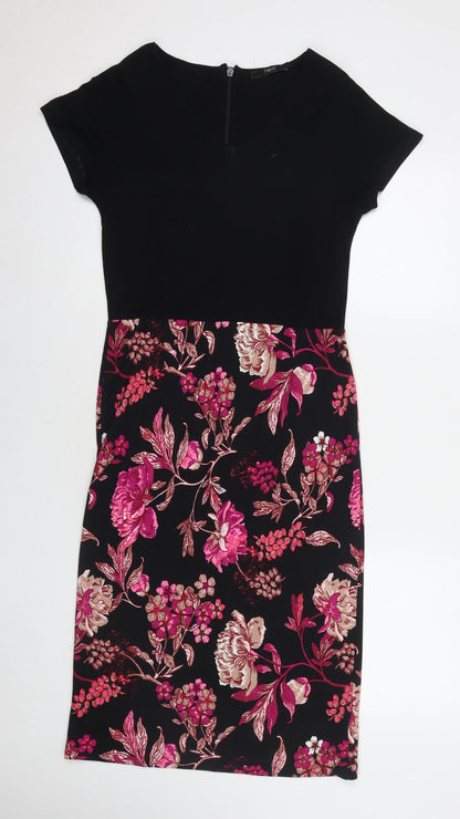 NEXT Womens Black Floral Viscose A-Line Size 12 V-Neck Zip
