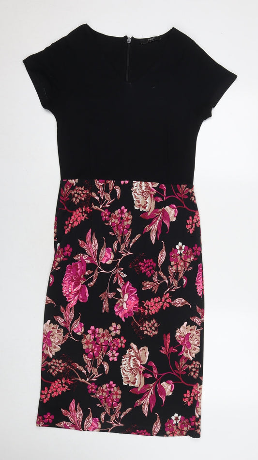 NEXT Womens Black Floral Viscose A-Line Size 12 V-Neck Zip