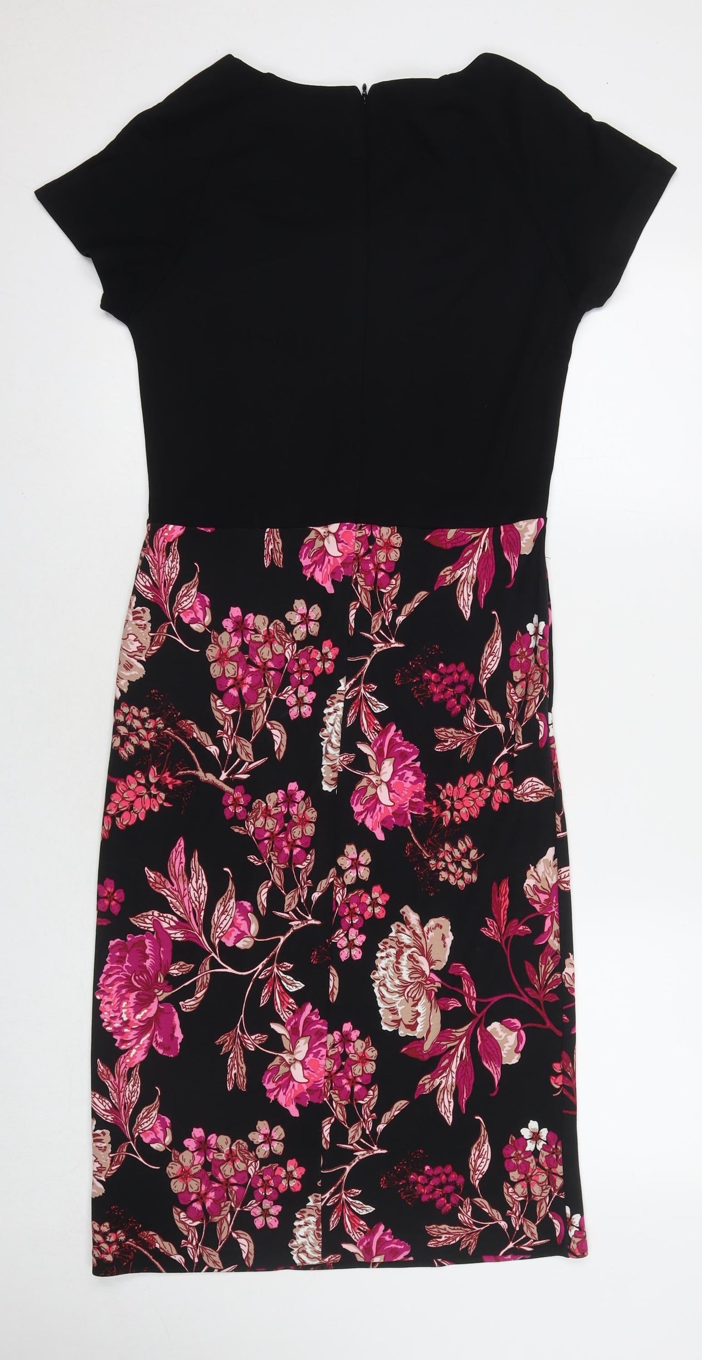 NEXT Womens Black Floral Viscose A-Line Size 12 V-Neck Zip