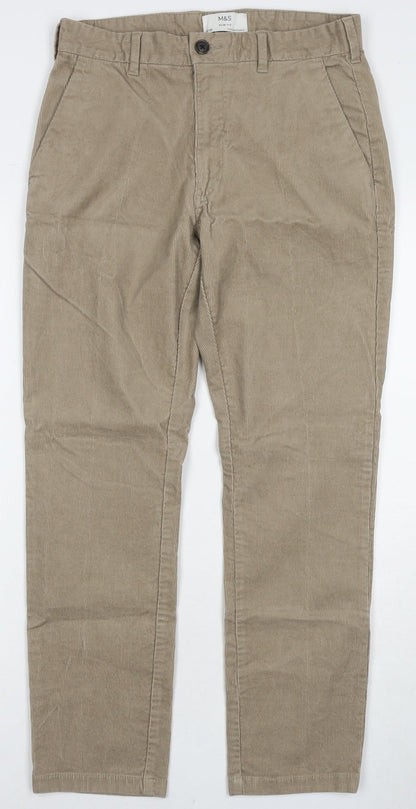 Marks and Spencer Mens Beige Cotton Trousers Size 30 in L29 in Slim Zip