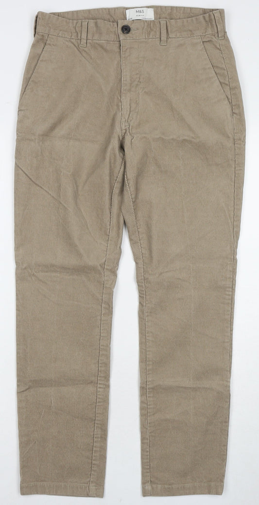 Marks and Spencer Mens Beige Cotton Trousers Size 30 in L29 in Slim Zip