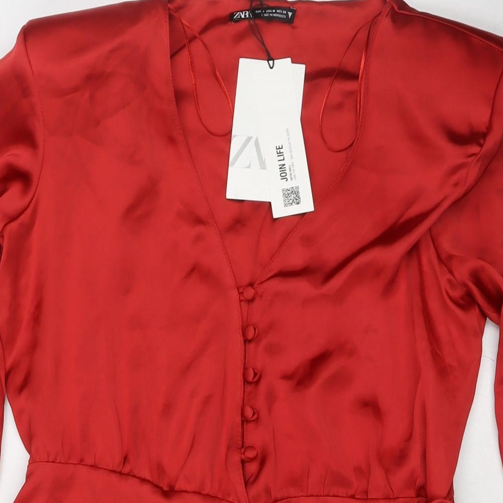 Zara Womens Red Polyester Wrap Dress Size M V-Neck Button