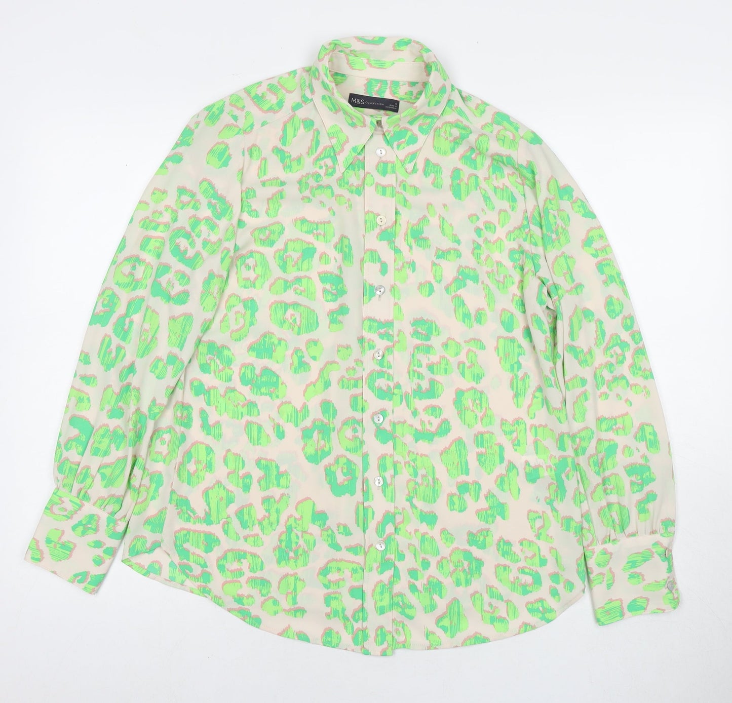 Marks and Spencer Womens Green Animal Print Polyester Basic Button-Up Size 10 Collared - Leopard Print