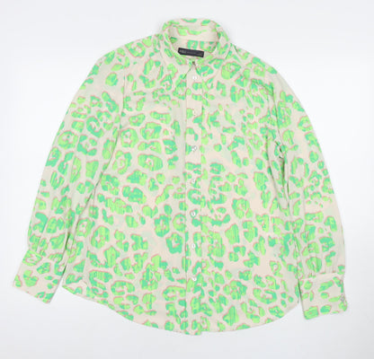 Marks and Spencer Womens Green Animal Print Polyester Basic Button-Up Size 10 Collared - Leopard Print