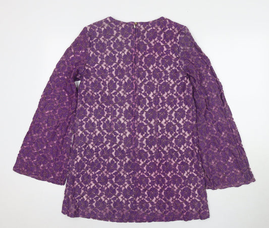 Divided by H&M Womens Purple Floral Polyester Tunic Blouse Size 14 Round Neck - Glitter Detail