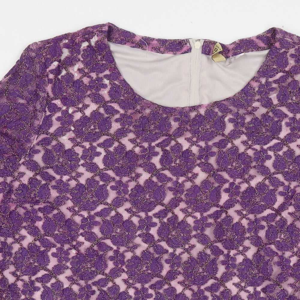Divided by H&M Womens Purple Floral Polyester Tunic Blouse Size 14 Round Neck - Glitter Detail