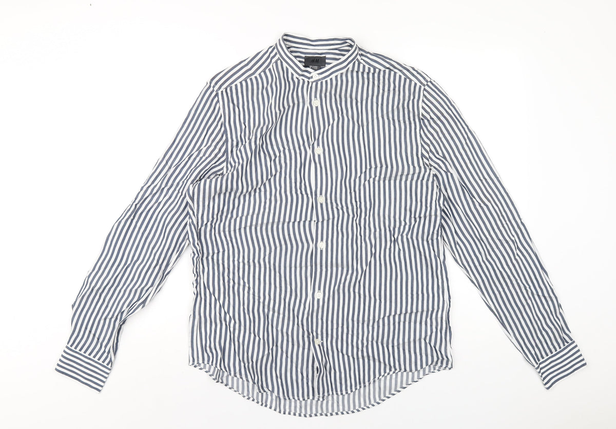 H&M Mens Blue Striped Viscose Button-Up Size M Round Neck Button
