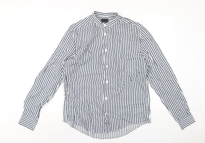 H&M Mens Blue Striped Viscose Button-Up Size M Round Neck Button