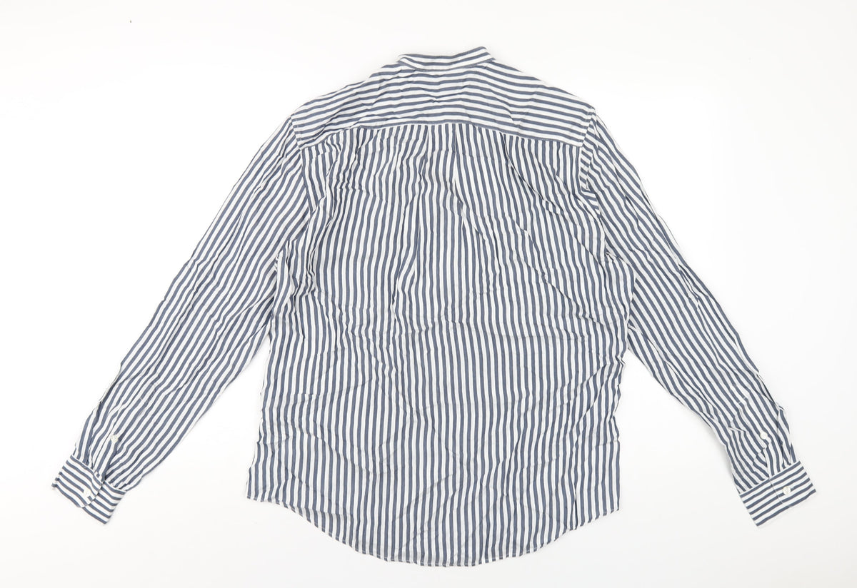 H&M Mens Blue Striped Viscose Button-Up Size M Round Neck Button