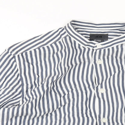 H&M Mens Blue Striped Viscose Button-Up Size M Round Neck Button