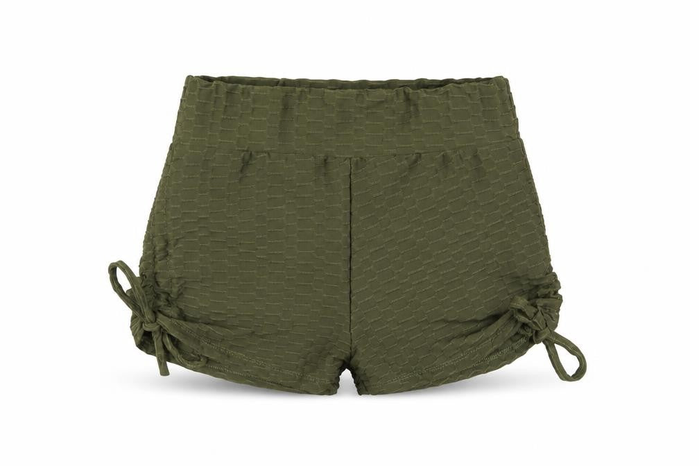 Front view of Originals women’s green polyester hot pants shorts, size L, 3-inch leg regular