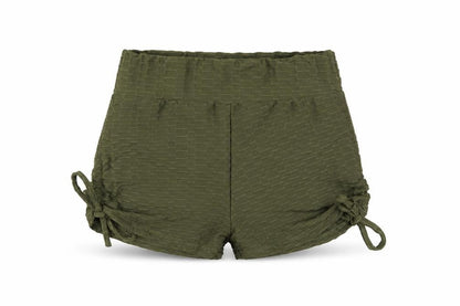 Front view of Originals women’s green polyester hot pants shorts, size L, 3-inch leg regular