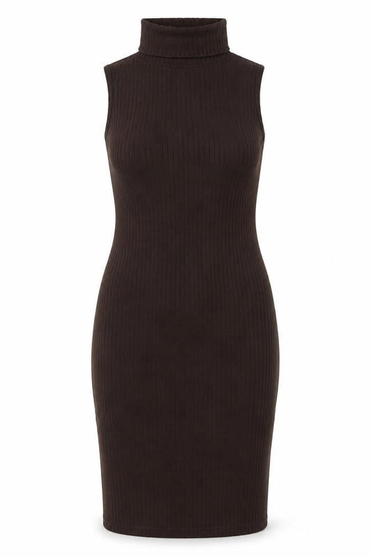 Front view of I SAW IT FIRST women’s brown polyester bodycon, size UK 12, roll neck pullover