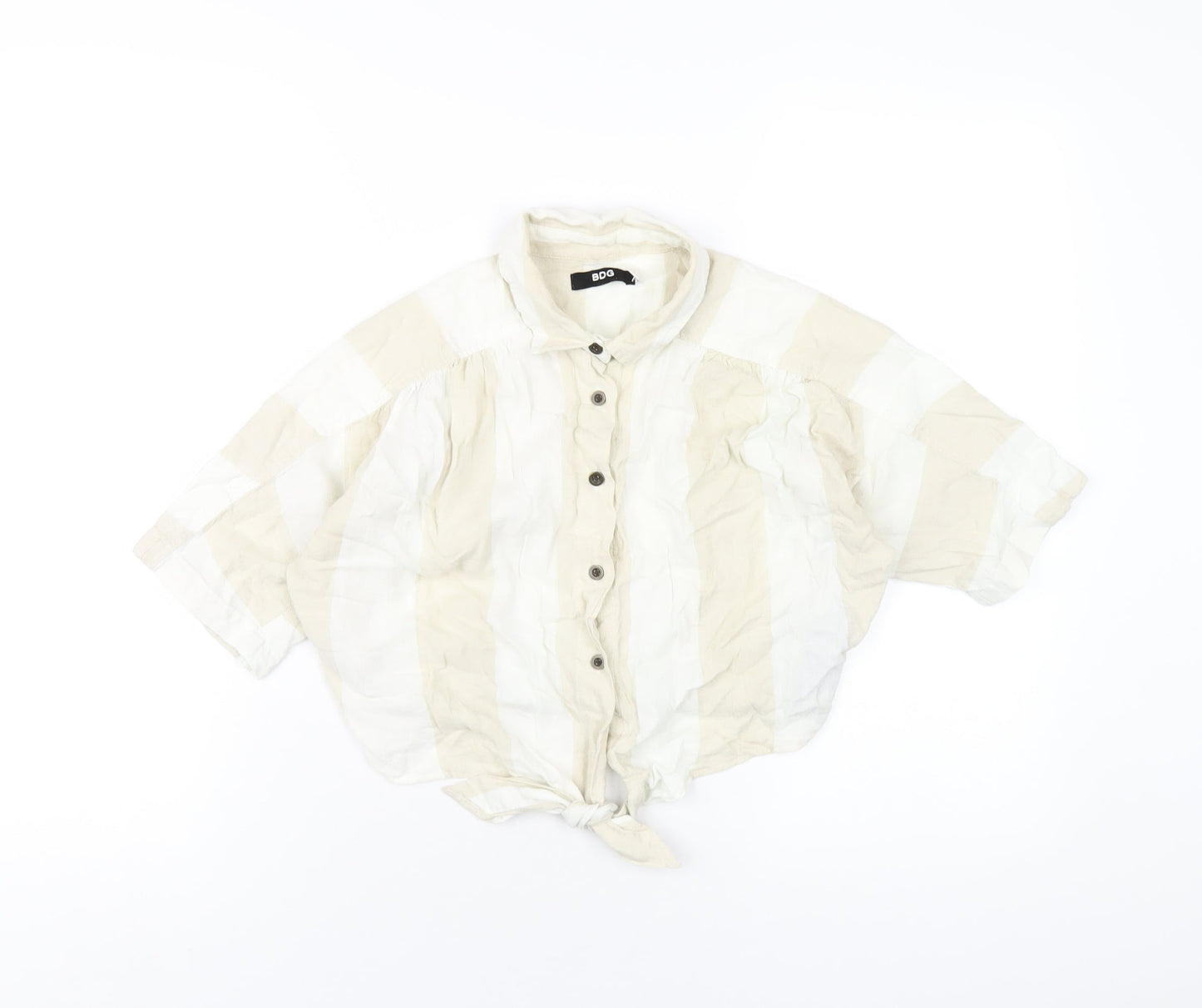 BDG Womens Beige Check Linen Cropped Button-Up Size XS Collared
