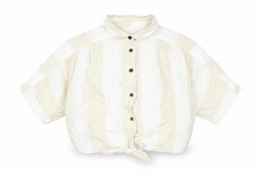Front view of BDG women’s beige check linen cropped button-up, size XS, collared