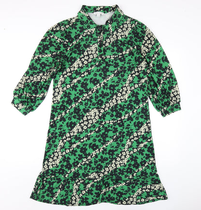 Warehouse Womens Green Floral Polyester A-Line Size S Collared Button