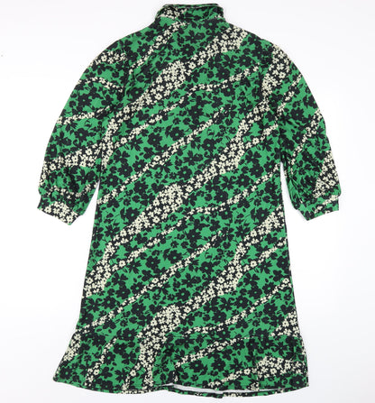 Warehouse Womens Green Floral Polyester A-Line Size S Collared Button