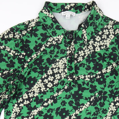 Warehouse Womens Green Floral Polyester A-Line Size S Collared Button