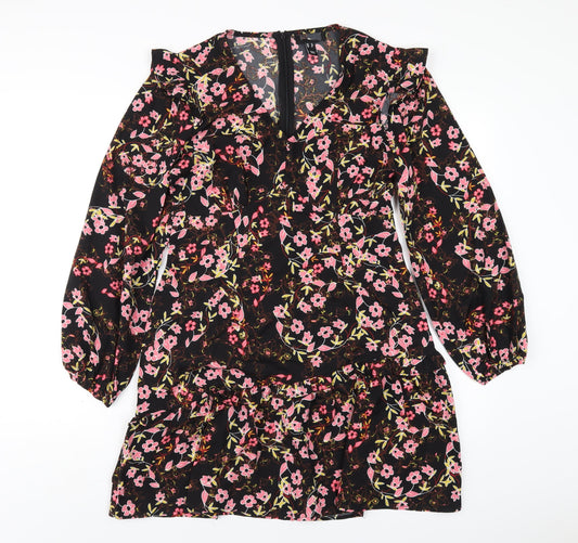New Look Womens Black Floral Polyester A-Line Size 12 V-Neck Zip