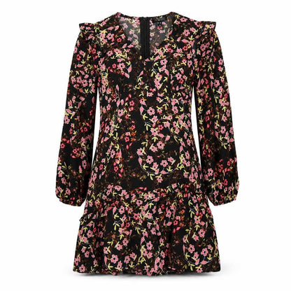 New Look Womens Black Floral Polyester A-Line Size 12 V-Neck Zip