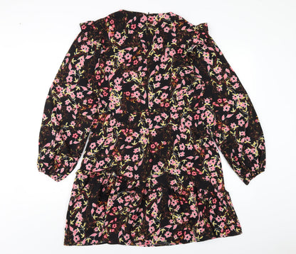 New Look Womens Black Floral Polyester A-Line Size 12 V-Neck Zip