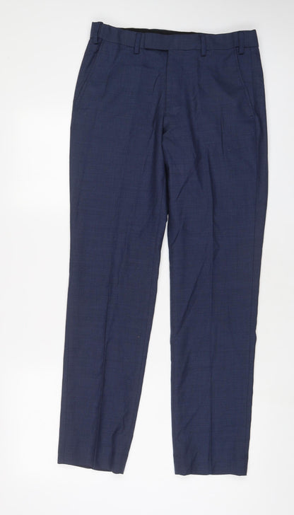 Marks and Spencer Mens Blue Wool Trousers Size 30 in L31 in Regular Hook & Eye