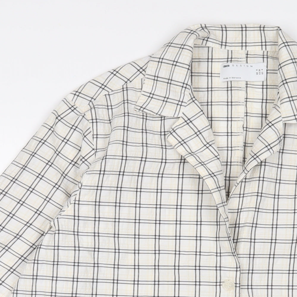 Close-up detail of ASOS' women’s multicoloured plaid cotton basic button-up, size UK 8, collared - oversized