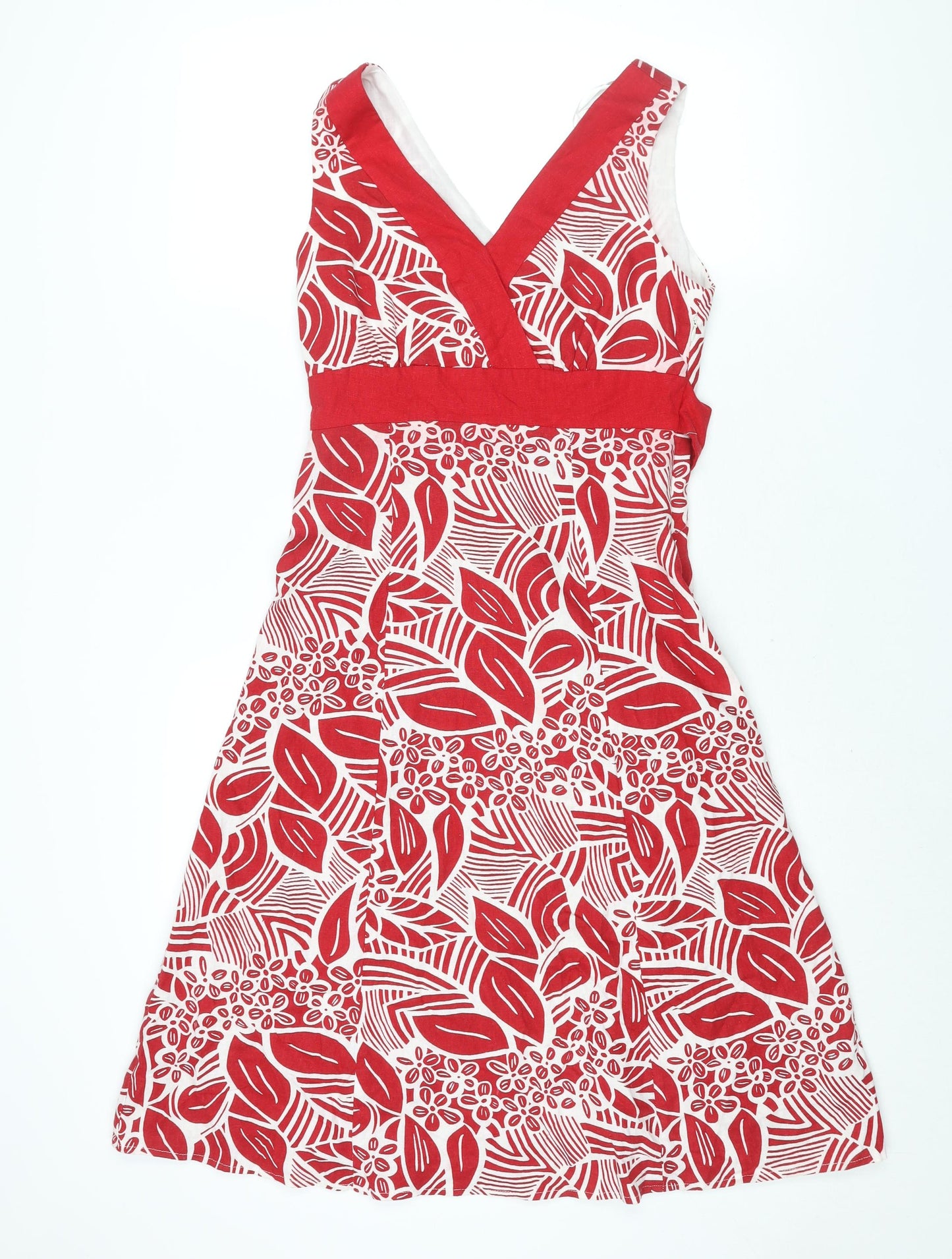 Ethel Austin Womens Red Geometric Linen A-Line Size 10 V-Neck Zip - Belted