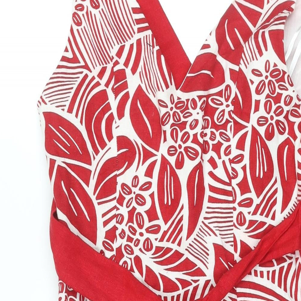 Ethel Austin Womens Red Geometric Linen A-Line Size 10 V-Neck Zip - Belted