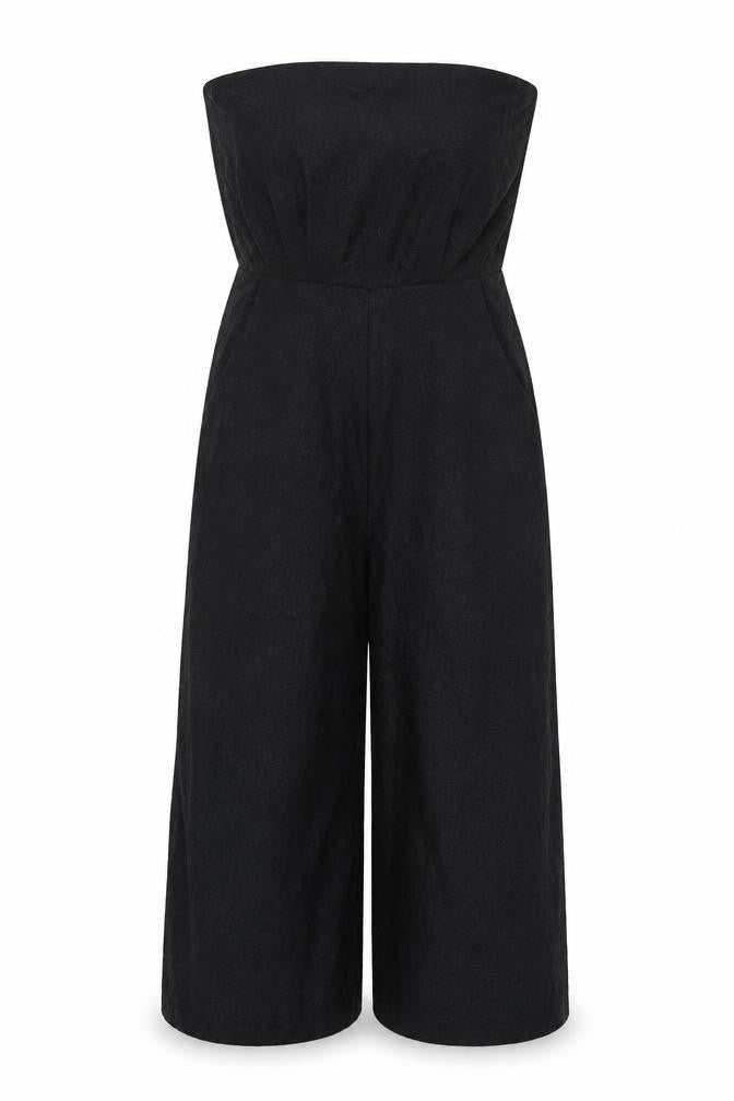 Front view of Missguidd women’s black polyester jumpsuit one-piece, size UK 12, 16-inch leg zip