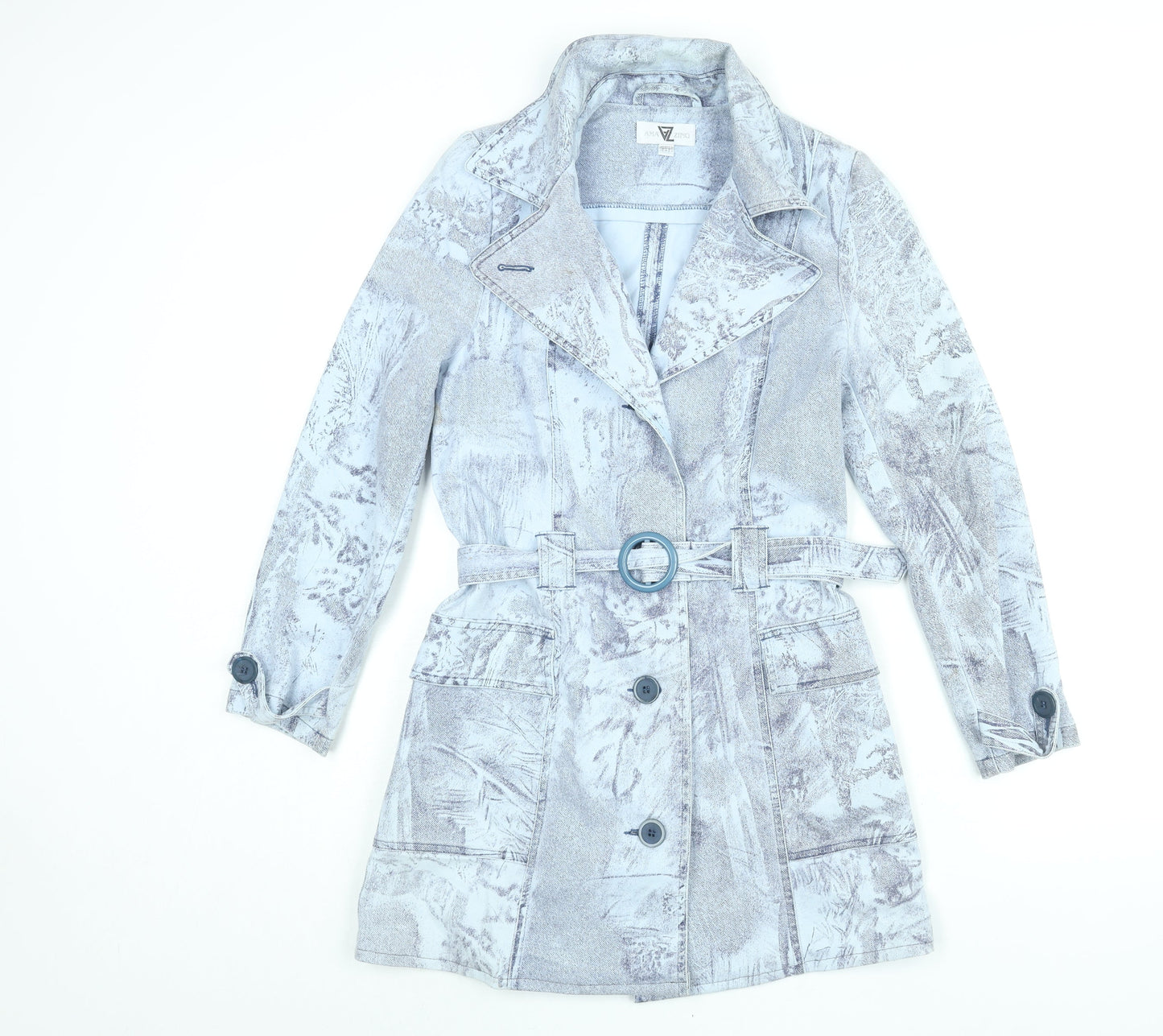 Amazing Womens Blue Geometric Trench Coat Coat Size 8 Button - Belted