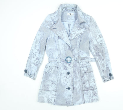 Amazing Womens Blue Geometric Trench Coat Coat Size 8 Button - Belted