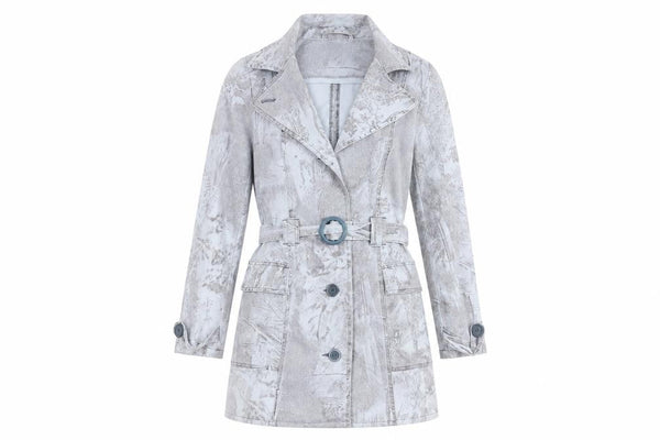 Amazing Womens Blue Geometric Trench Coat Coat Size 8 Button - Belted