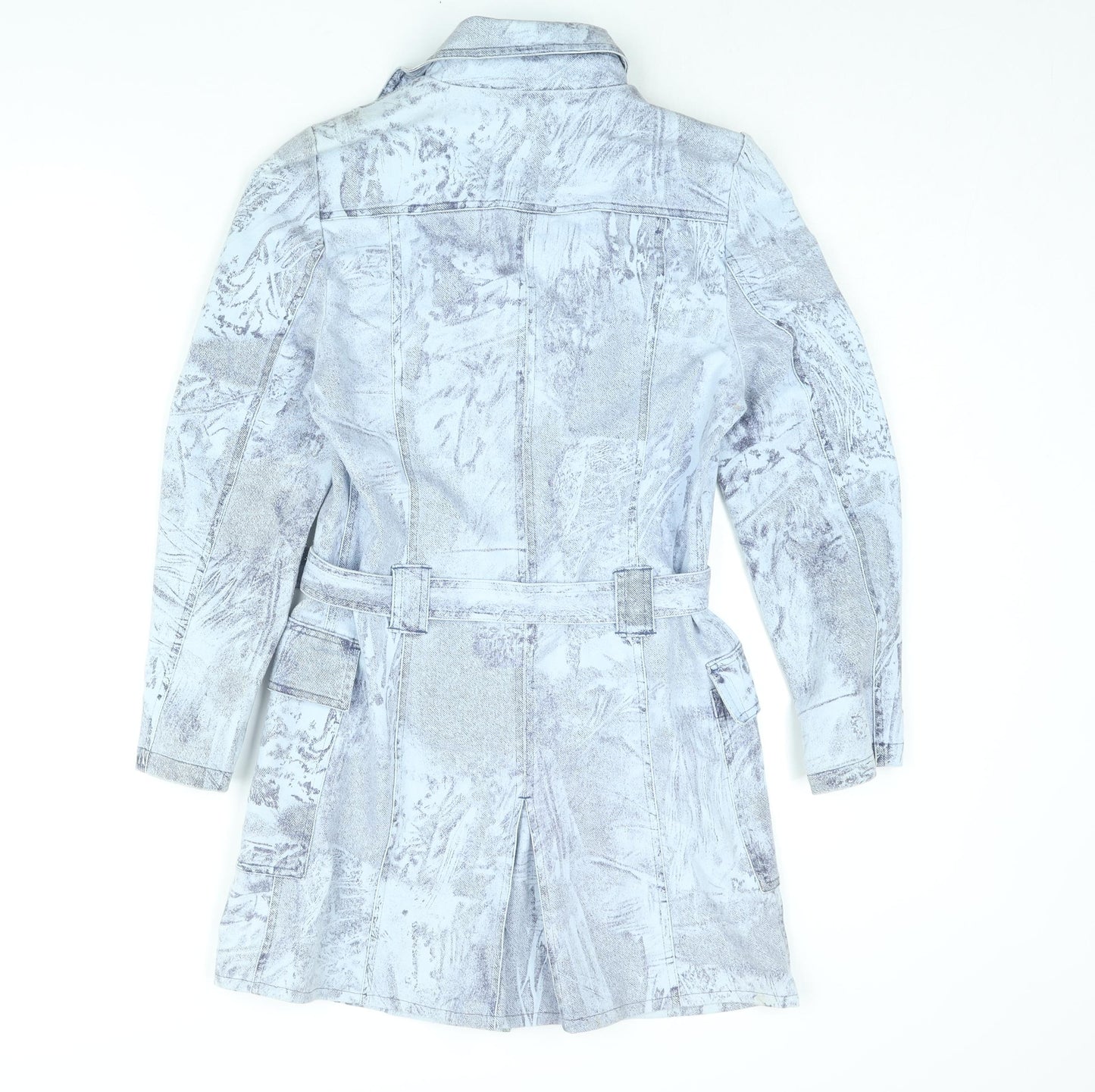 Amazing Womens Blue Geometric Trench Coat Coat Size 8 Button - Belted