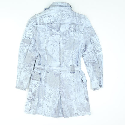 Amazing Womens Blue Geometric Trench Coat Coat Size 8 Button - Belted