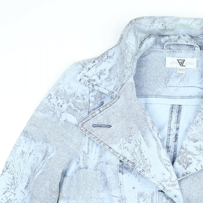Amazing Womens Blue Geometric Trench Coat Coat Size 8 Button - Belted