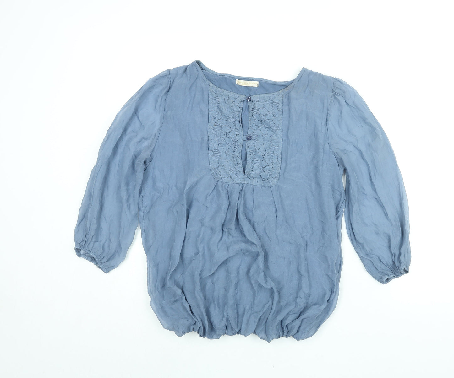 Prontomoda Giusy Womens Blue Silk Basic Blouse Size M Round Neck - Lace Detail