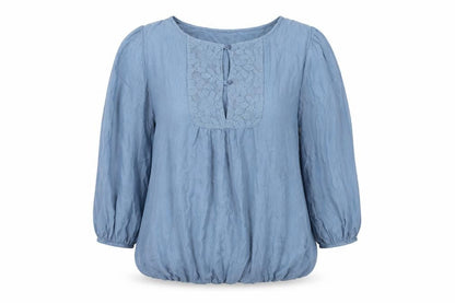 Prontomoda Giusy Womens Blue Silk Basic Blouse Size M Round Neck - Lace Detail