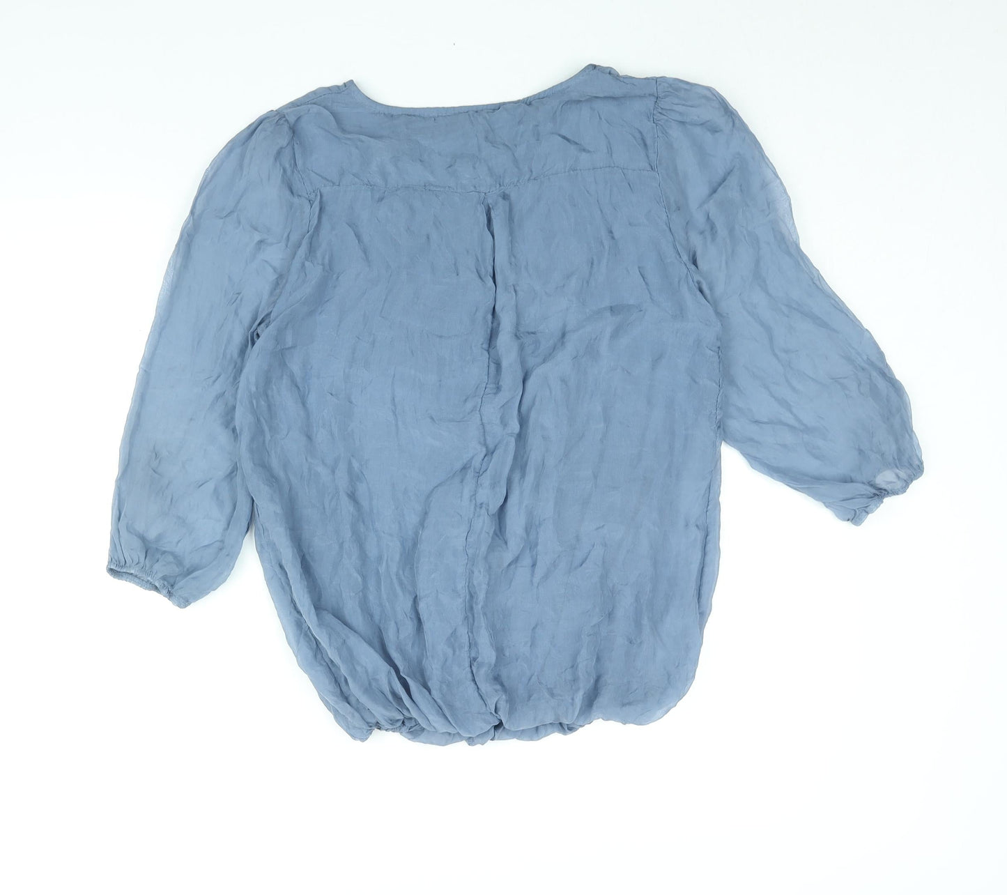 Prontomoda Giusy Womens Blue Silk Basic Blouse Size M Round Neck - Lace Detail