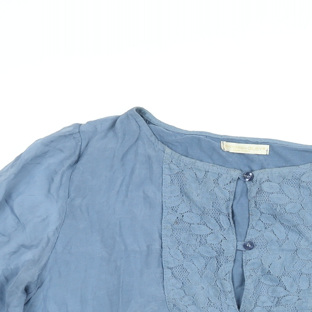 Prontomoda Giusy Womens Blue Silk Basic Blouse Size M Round Neck - Lace Detail