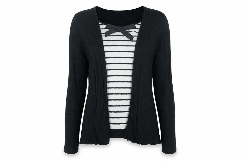 Next Womens Black Viscose Basic Blouse Size 12 Scoop Neck - Stripe Print Bow Cardigan Layer