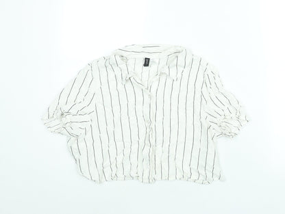 Divided by H&M Womens White Striped Viscose Cropped Button-Up Size M Collared
