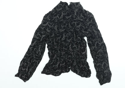 Marks and Spencer Womens Black Geometric Viscose Basic Blouse Size 12 Mock Neck - Peplum