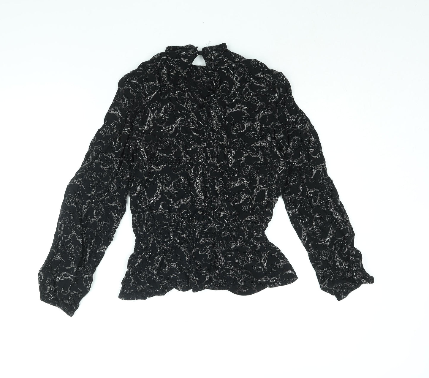 Marks and Spencer Womens Black Geometric Viscose Basic Blouse Size 12 Mock Neck - Peplum