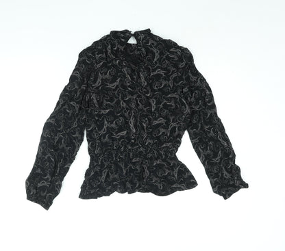 Marks and Spencer Womens Black Geometric Viscose Basic Blouse Size 12 Mock Neck - Peplum
