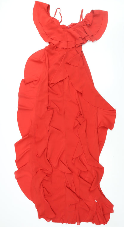 PRETTYLITTLETHING Womens Red Polyester Maxi Size 6 Scoop Neck Zip - Front Slits Waterfall Cold Shoulder