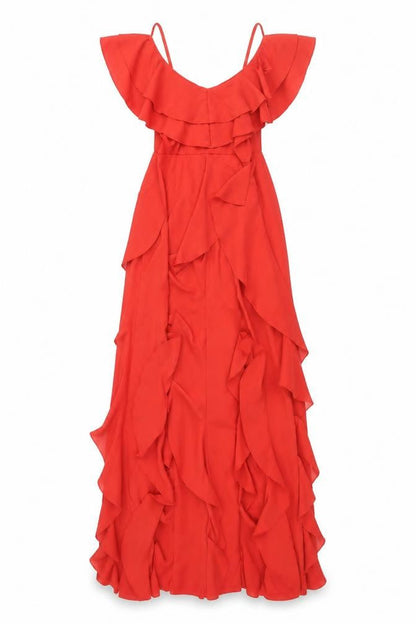 PRETTYLITTLETHING Womens Red Polyester Maxi Size 6 Scoop Neck Zip - Front Slits Waterfall Cold Shoulder